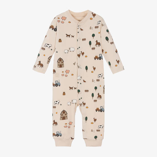Liewood-Beige Cotton Farm Animal Babygrow | Childrensalon Outlet