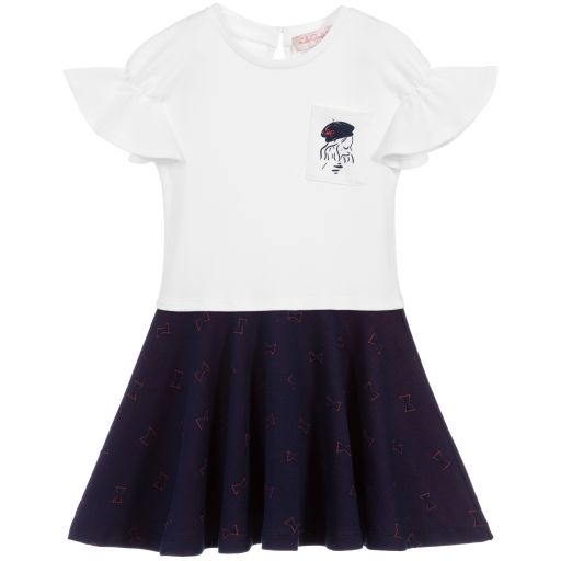 Lili Gaufrette-White & Navy Blue Cotton Dress | Childrensalon Outlet