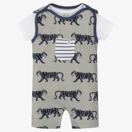 Lilly and Sid-Baby Boys Grey Cotton Dungaree Set | Childrensalon Outlet
