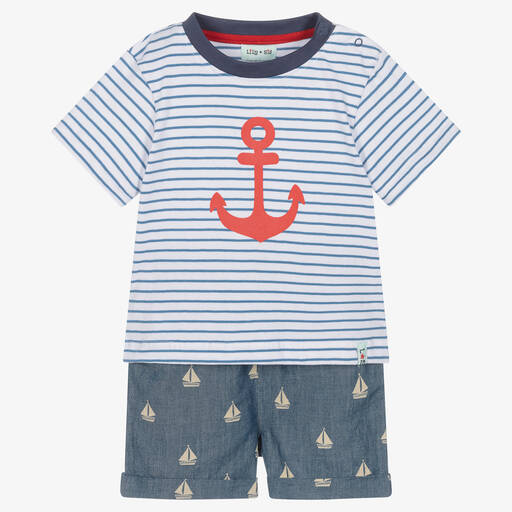 Lilly and Sid-Baby Boys White & Blue Cotton Shorts Set | Childrensalon Outlet