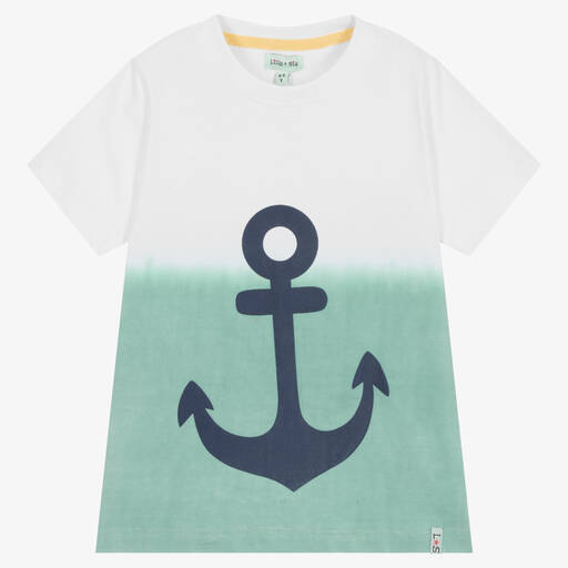 Lilly and Sid-Boys White & Green Cotton Anchor T-Shirt | Childrensalon Outlet