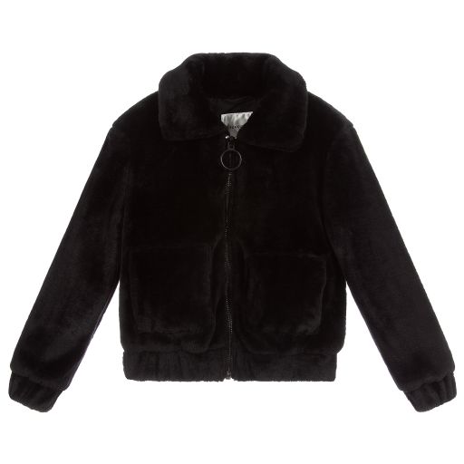 Little Eleven Paris-Girls Black Faux Fur Jacket | Childrensalon Outlet