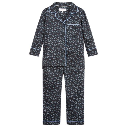 LiTTLE YOLKE-Pyjama mit Blattmuster in Schwarz und Blau | Childrensalon Outlet