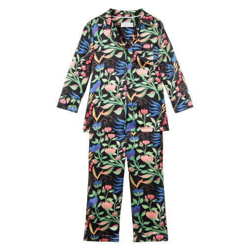 LiTTLE YOLKE-Pyjama fleuri noir en soie | Childrensalon Outlet