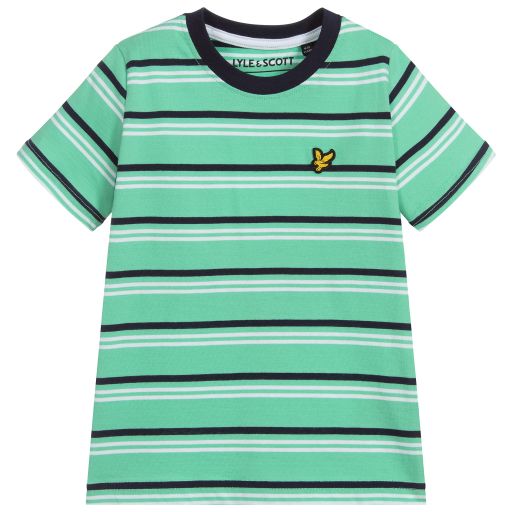 Lyle & Scott-تيشيرت قطن مقلم لون أخضر، أبيض وكحلي للأولاد | Childrensalon Outlet