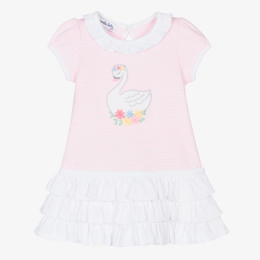 Magnolia Baby-طقم فستان قطن جيرسي لون زهري وأبيض للمولودات | Childrensalon Outlet