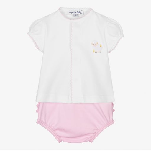 Magnolia Baby-طقم شورت قطن بيما لون أبيض وزهري للمولودات | Childrensalon Outlet