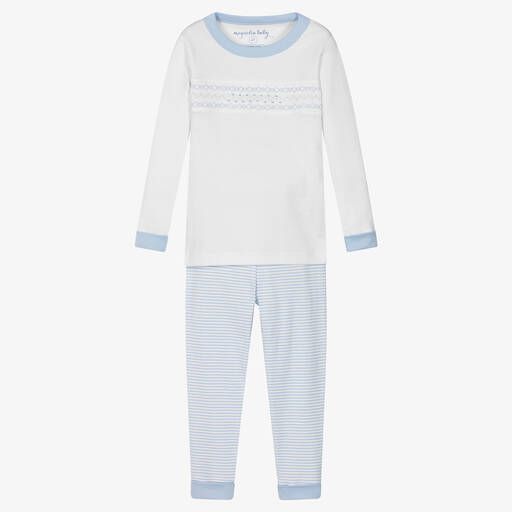 Magnolia Baby-White & Blue Smocked Cotton Pyjamas | Childrensalon Outlet