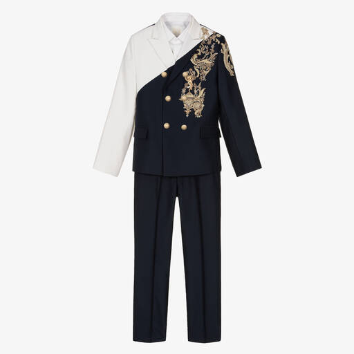 Maison Ava-Boys Navy Blue & Ivory Embroidered Suit | Childrensalon Outlet