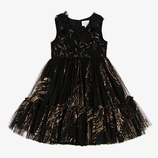 Maison Ava-Girls Black & Gold Pleated Tulle Dress | Childrensalon Outlet