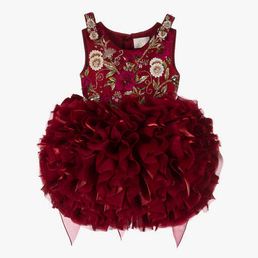 Maison Ava-Girls Red Embroidered Satin & Organza Dress | Childrensalon Outlet