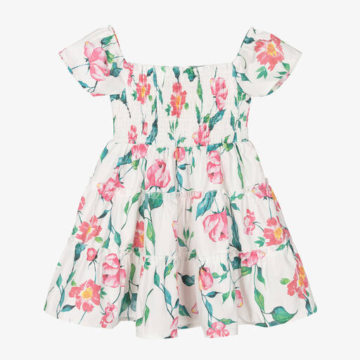 Mama Luma-Girls White Floral Print Cotton Dress | Childrensalon Outlet