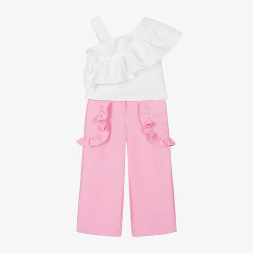 Mama Luma-Girls White & Pink Ruffle Trouser Set | Childrensalon Outlet