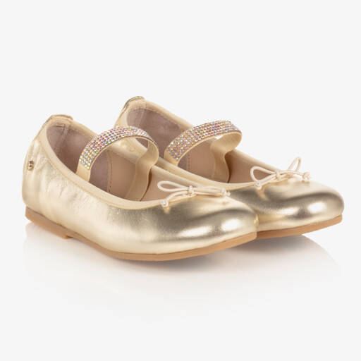 Manuela de Juan-Girls Gold Leather Gem Strap Pumps | Childrensalon Outlet