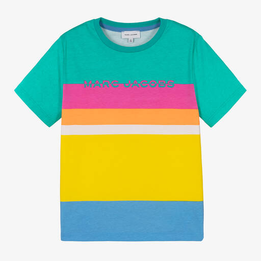 MARC JACOBS-Зеленая хлопковая футболка с разноцветными полосами | Childrensalon Outlet