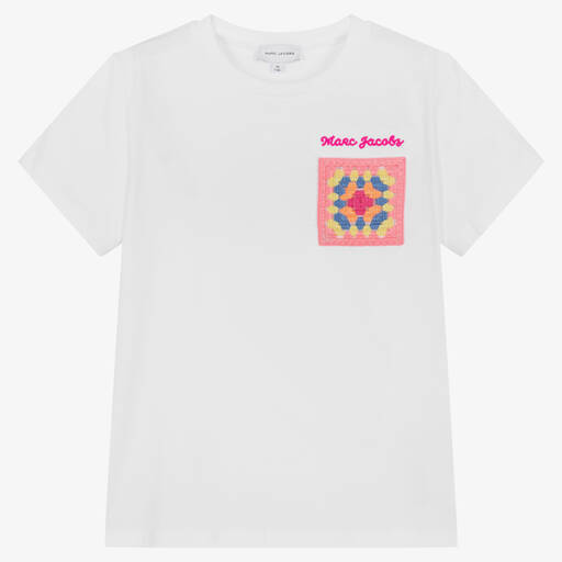 MARC JACOBS-Teen Girls White Crochet Pocket T-Shirt | Childrensalon Outlet