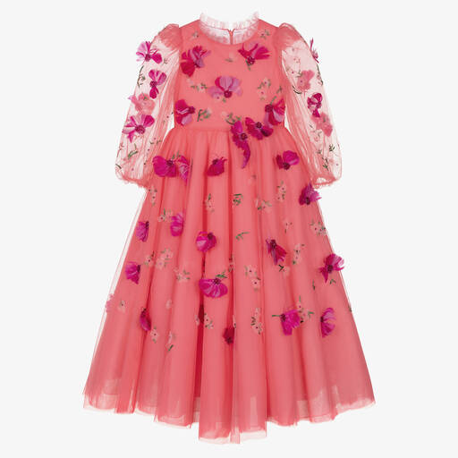 Marchesa Kids Couture-Robe rose corail en tulle à fleurs  | Childrensalon Outlet