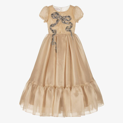 Marchesa Kids Couture-Robe dorée à strass en mousseline | Childrensalon Outlet