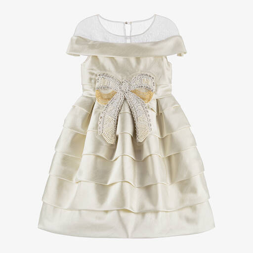 Marchesa Kids Couture-Girls Gold Satin & Beads Silk Bow Dress | Childrensalon Outlet