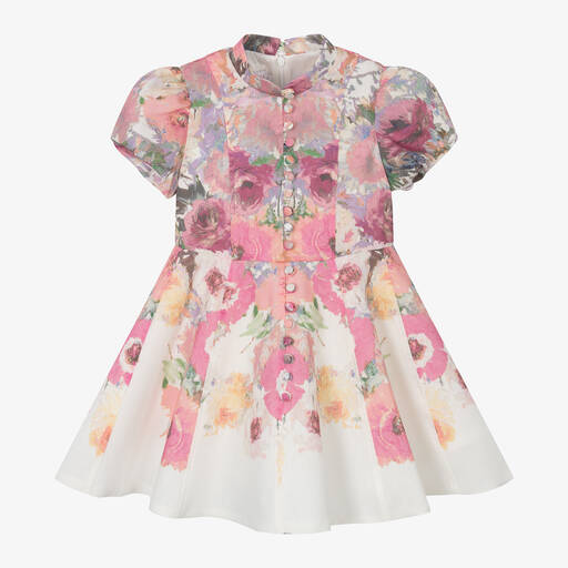 Marchesa Kids Couture-Girls Pink & Ivory Floral Cotton Dress | Childrensalon Outlet