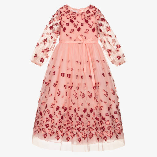 Marchesa Kids Couture-فستان تول لون زهري وأحمر مطرز بورود | Childrensalon Outlet