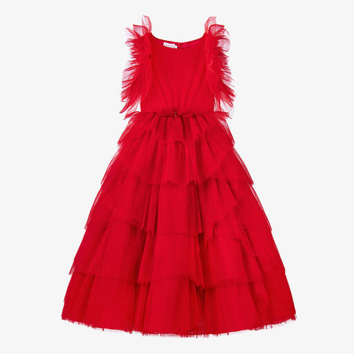 Marchesa Kids Couture-فستان تول بطبقات وكسرات لون أحمر | Childrensalon Outlet