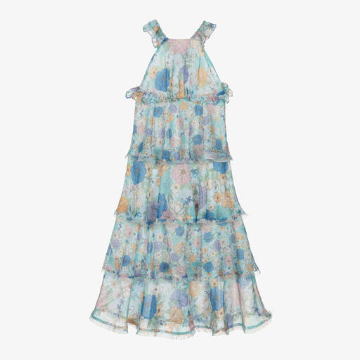 Marlo Kids-Girls Pale Blue Floral Chiffon Maxi Dress  | Childrensalon Outlet