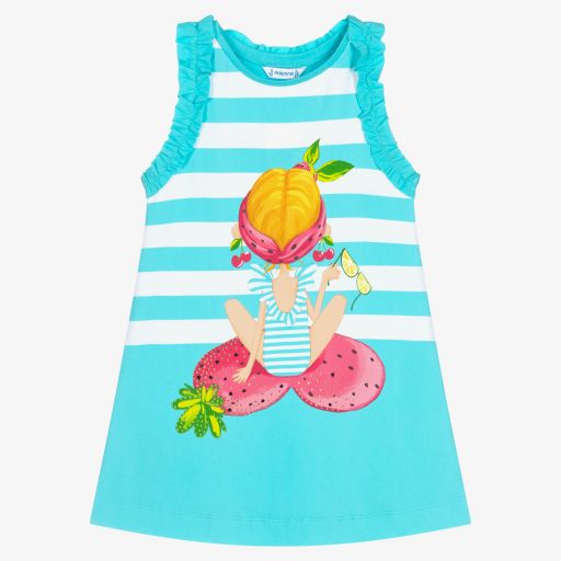 Mayoral-Aqua Blue Striped Cotton Dress | Childrensalon Outlet