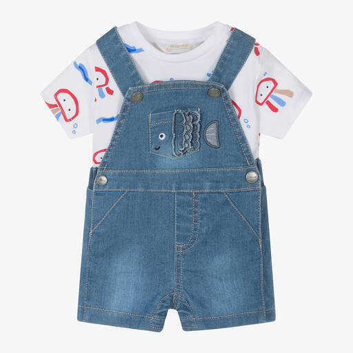 Mayoral-Baby Boys Blue Fish Denim Dungaree Set | Childrensalon Outlet