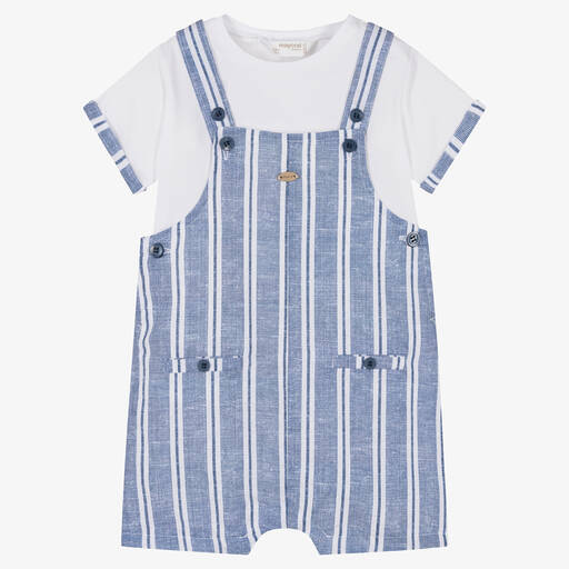 Mayoral-Baby Boys Blue Linen & Cotton Dungaree Set | Childrensalon Outlet