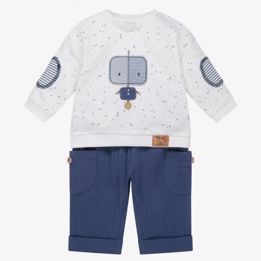 Mayoral Newborn-طقم بنطلون قطن جيرسي لون أزرق وعاجي للمواليد | Childrensalon Outlet
