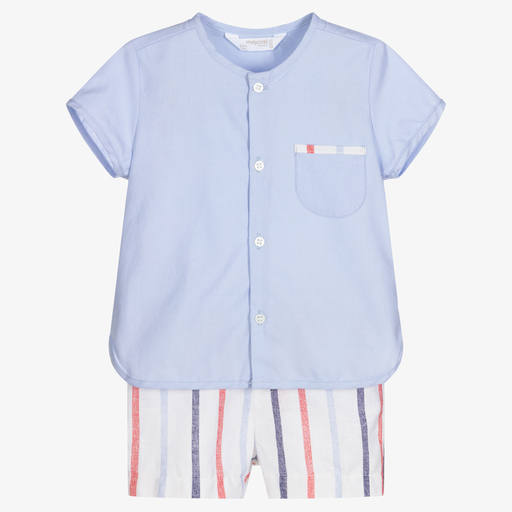 Mayoral Newborn-طقم شورت مزيج قطن وكتان لون أبيض وأزرق للمواليد | Childrensalon Outlet