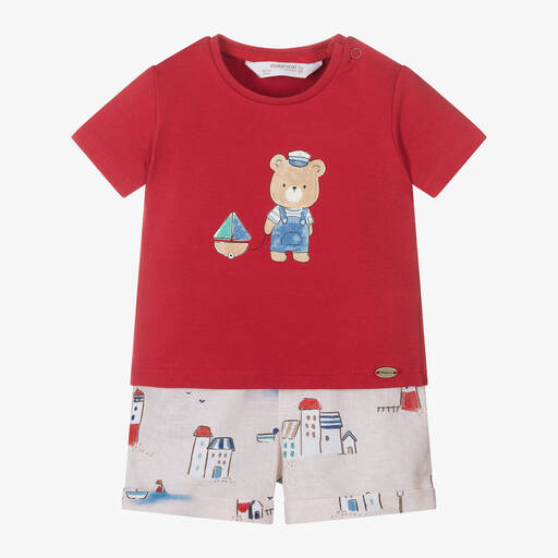 Mayoral-طقم شورت أطفال ولادي مزيج قطن وكتان لون أحمر | Childrensalon Outlet