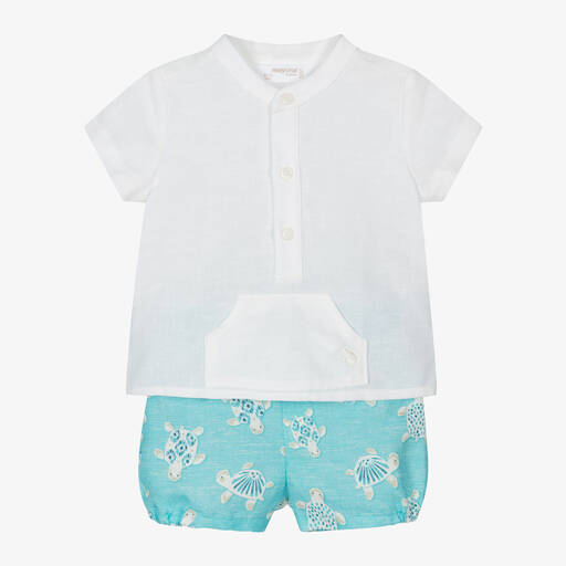 Mayoral Newborn-طقم شورت قطن وكتان لون أبيض وأزرق للمواليد | Childrensalon Outlet