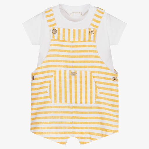 Mayoral-Baby Boys Yellow Stripe Cotton Dungaree Set | Childrensalon Outlet