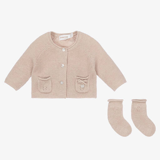 Mayoral-Baby Girls Beige Knitted Cardigan Set | Childrensalon Outlet