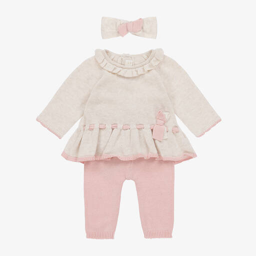 Mayoral-Baby Girls Beige & Pink Knit Trouser Set | Childrensalon Outlet