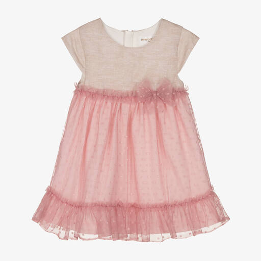 Mayoral-Baby Girls Beige & Pink Tulle Dress | Childrensalon Outlet