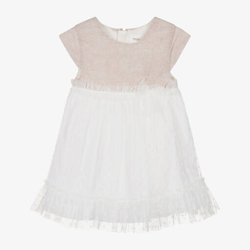 Mayoral-Baby Girls Beige & White Tulle Dress | Childrensalon Outlet