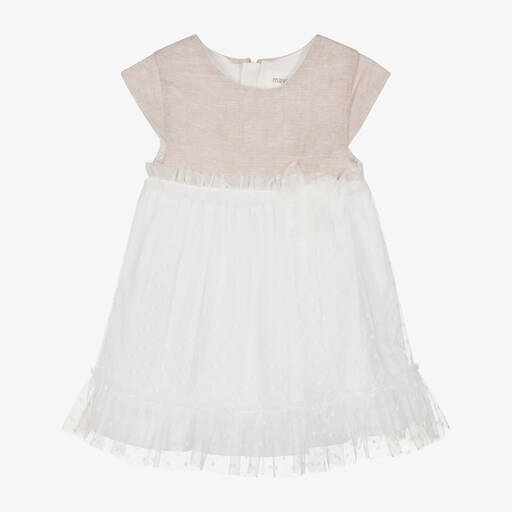 Mayoral-Robe beige et blanche en tulle bébé | Childrensalon Outlet