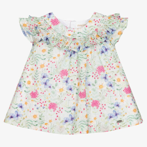 Mayoral-Baby Girls Green Cotton Floral Dress  | Childrensalon Outlet