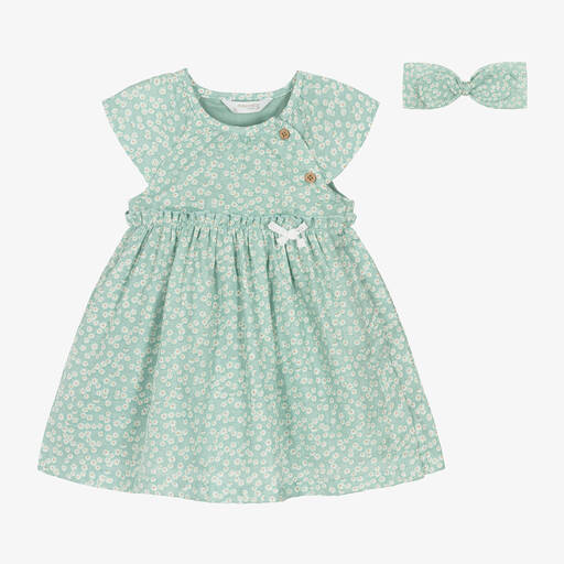 Mayoral-Baby Girls Green Cotton Floral Dress Set | Childrensalon Outlet