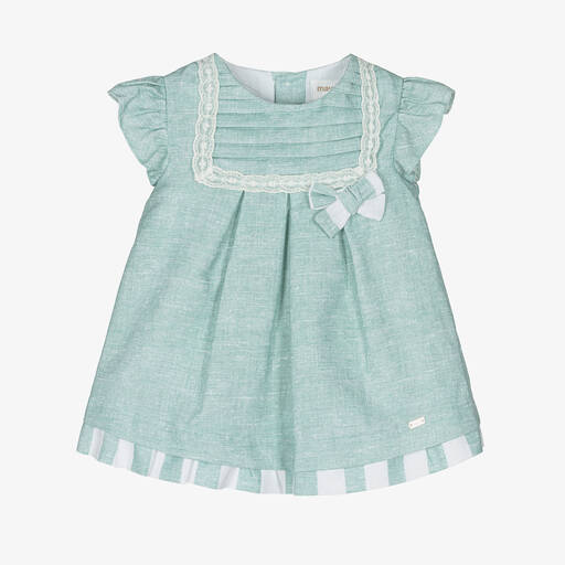 Mayoral-Baby Girls Green Linen Dress  | Childrensalon Outlet