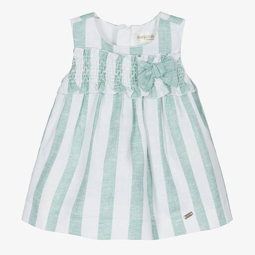 Mayoral-Baby Girls Green & White Stripe Linen Dress | Childrensalon Outlet