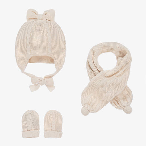 Mayoral-Baby Girls Ivory Knitted Cotton Hat Set | Childrensalon Outlet