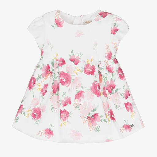Mayoral-Baby Girls Ivory & Pink Floral Satin Dress | Childrensalon Outlet
