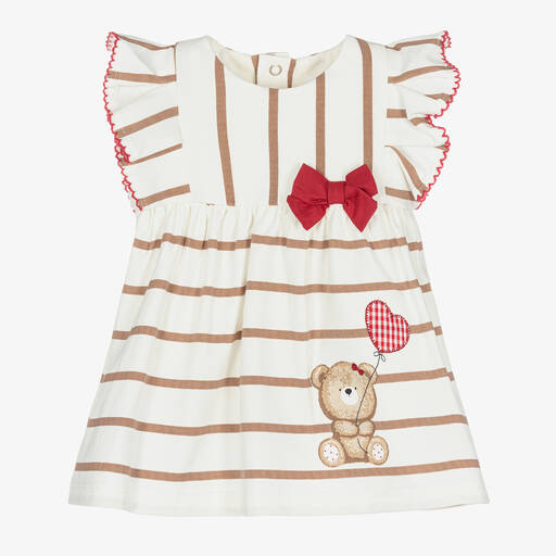 Mayoral-Baby Girls Ivory Striped Teddy Bear Dress | Childrensalon Outlet