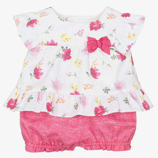 Mayoral-Baby Girls Pink Cotton Floral Shorts Set | Childrensalon Outlet