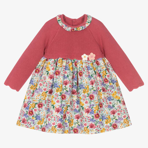Mayoral Newborn-فستان قطن لون زهري وأزرق بطبعة ورود للمولودات | Childrensalon Outlet