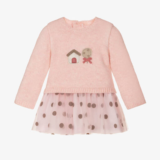 Mayoral-Розовое трикотажное платье с юбкой из тюля | Childrensalon Outlet